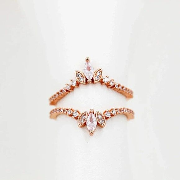 Women's 925 Sterling Silver  Marquise Cut CZ Stack Rings Set 2pcs Crown Wedding - Picture 1 of 7